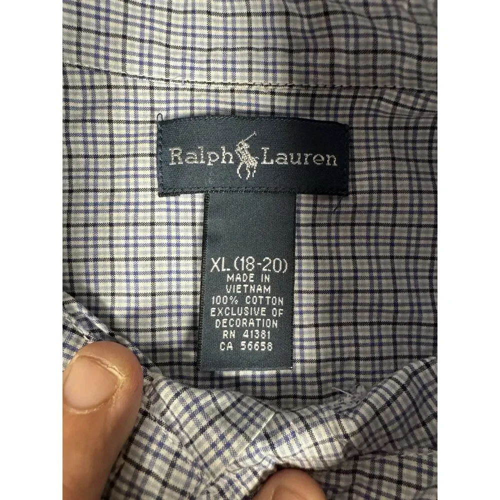 Ralph Lauren Youth XL 18-20 Blue Check Button Down Long Sleeve Shirt Cotton